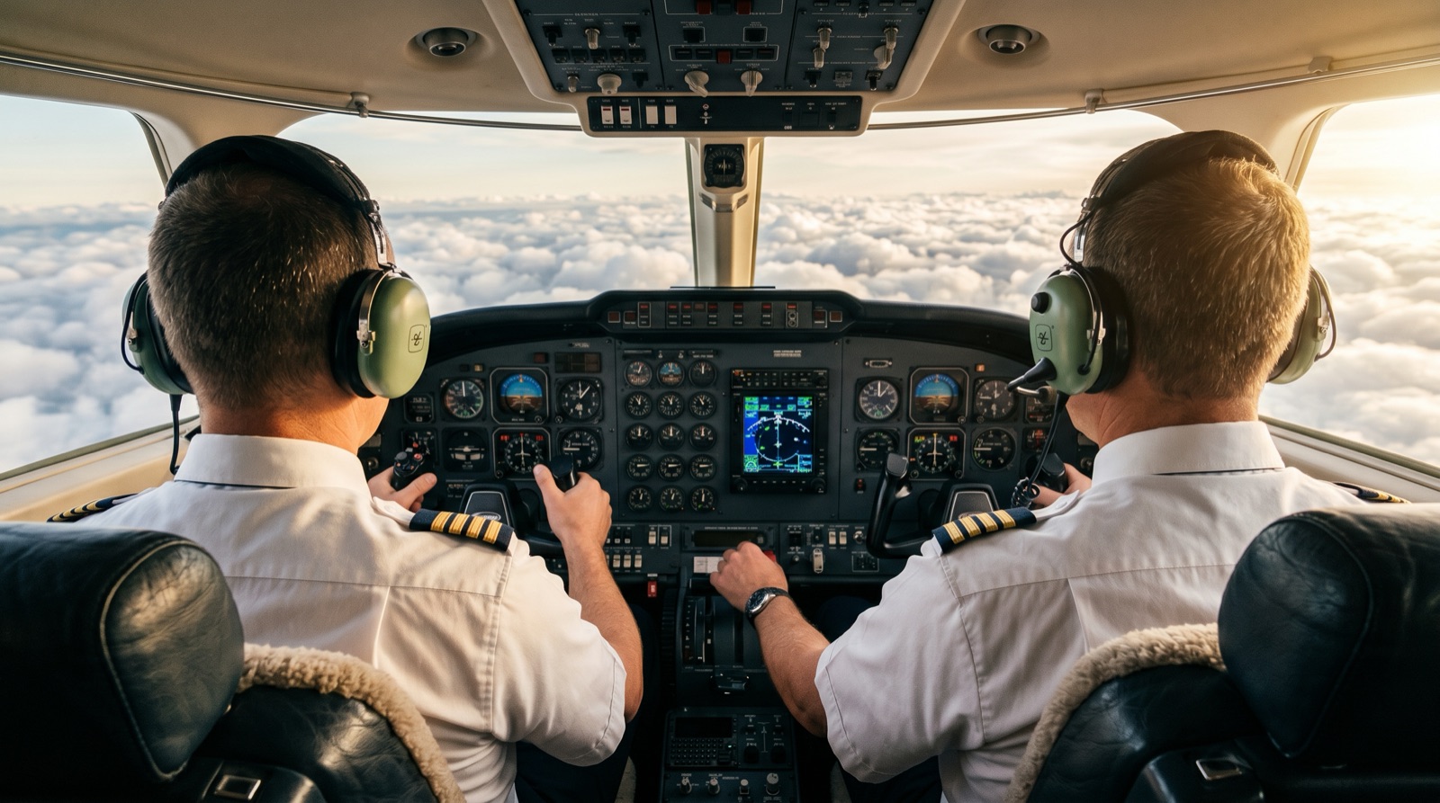 Private jet pilots in cockpit - FAA Part 135 certified operators