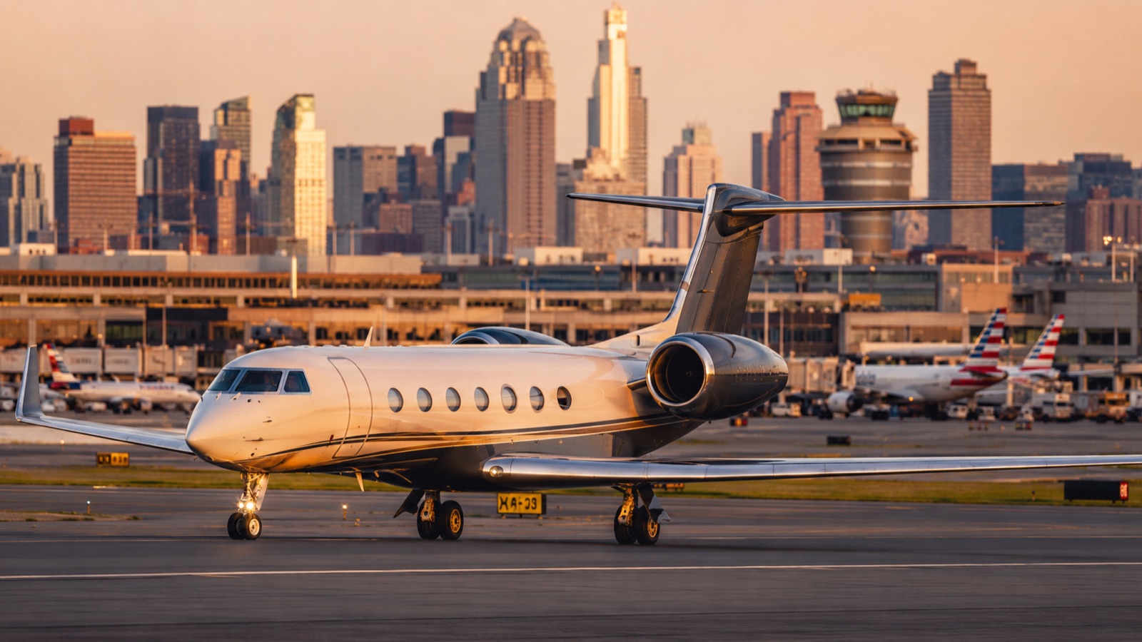 A heavy business jet taxiing at a major US metropolitan airport in warm evening light