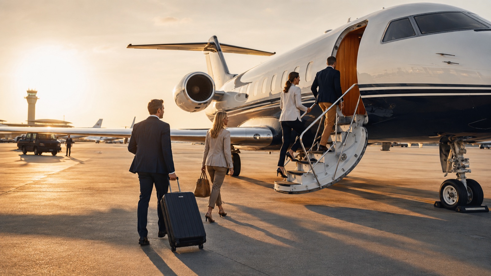 Travelers boarding a large VIP business jet on the tarmac