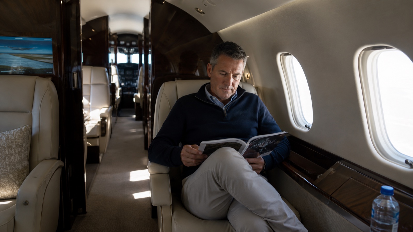 Passenger reading in a large private jet cabin in flight