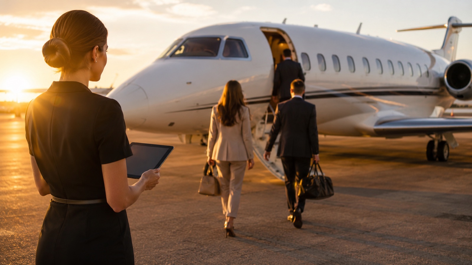 Boarding a business jet at golden hour