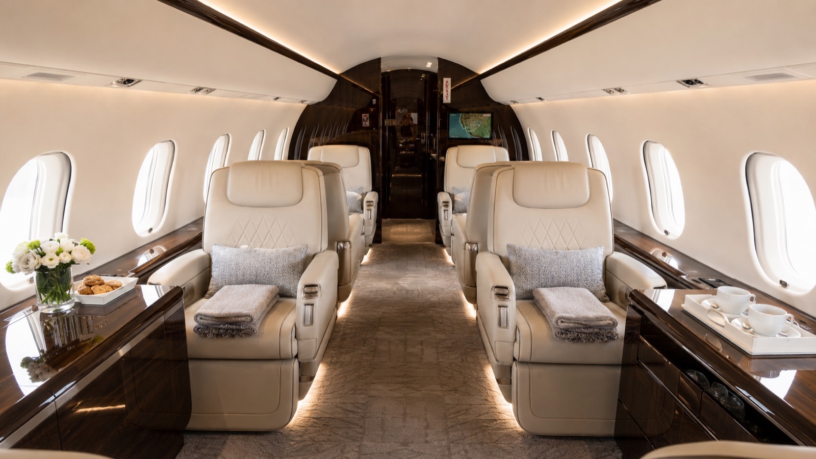 Private jet cabin prepared before passengers arrive