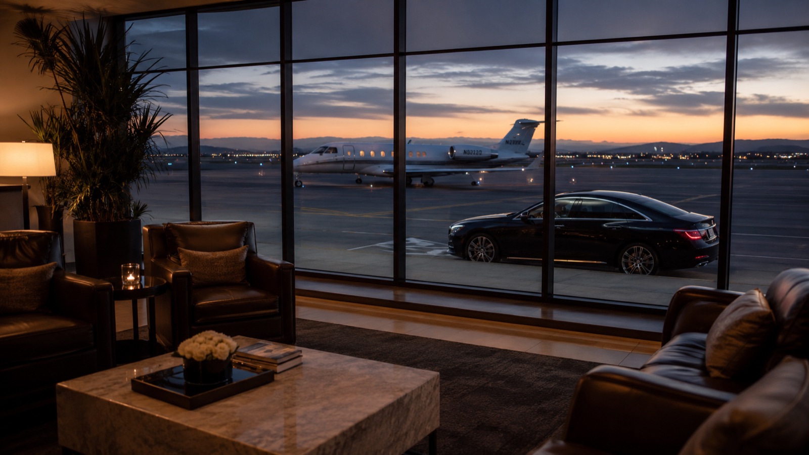Quiet FBO lounge with car waiting beside the jet