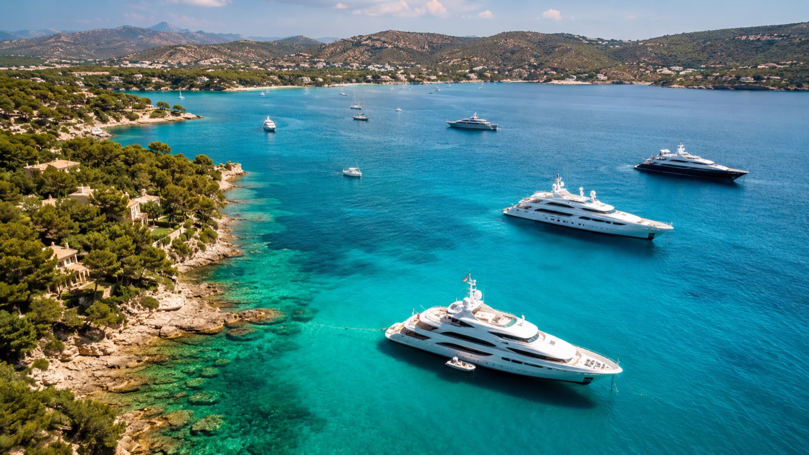 Superyachts anchored in a turquoise Mediterranean bay, the heart of UHNW summer travel