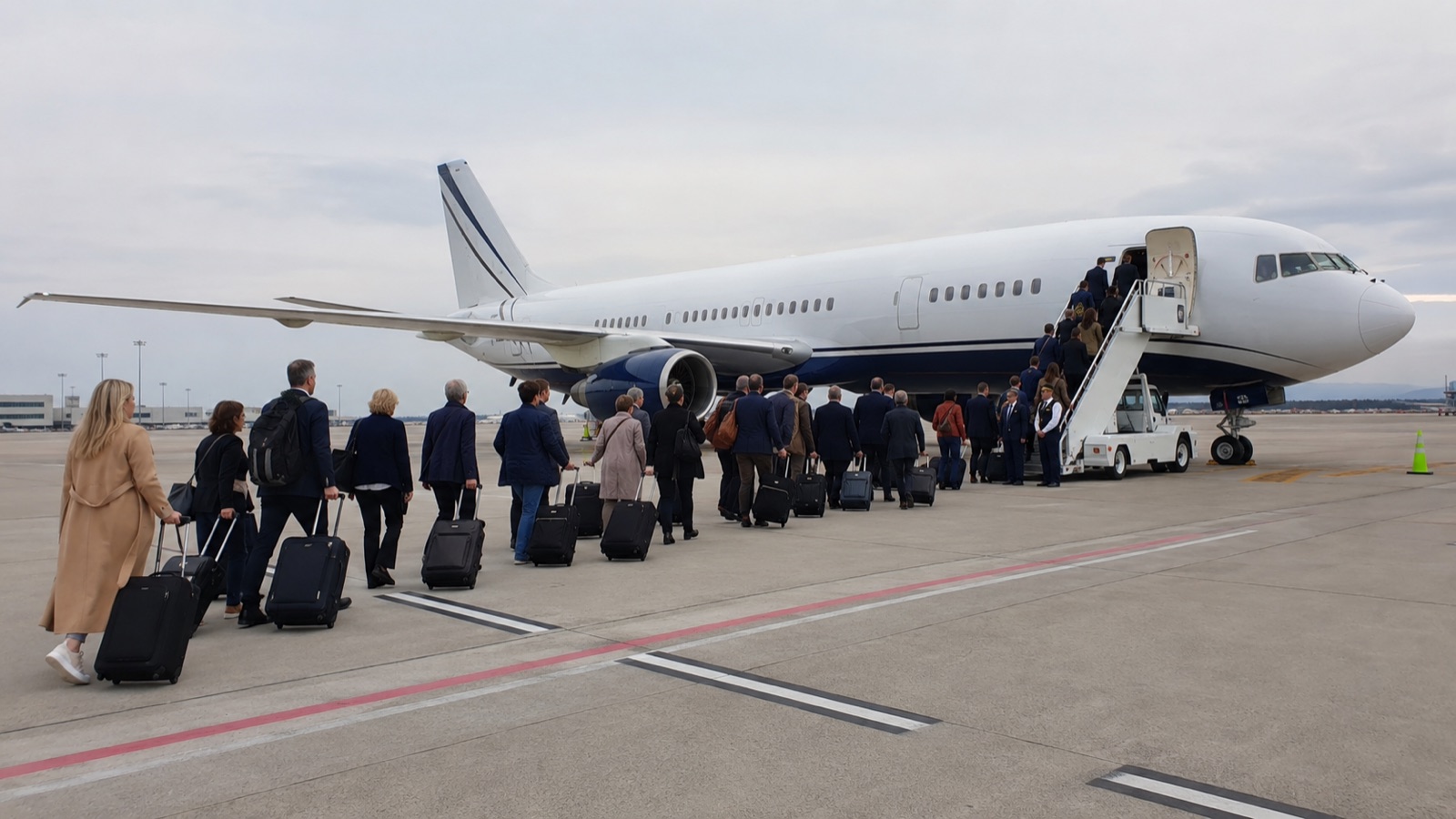 A large delegation boarding a VIP airliner by its stairs on the ramp