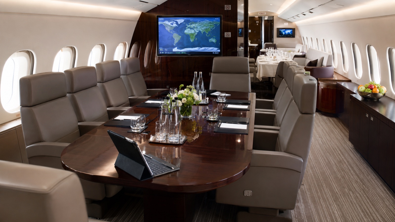 The conference and dining section aboard a VIP airliner configured for a corporate delegation