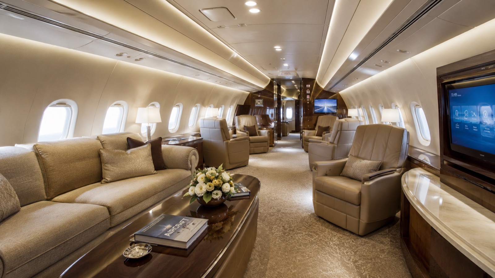 The main lounge aboard a VIP airliner, an airliner cabin completed as a private residence